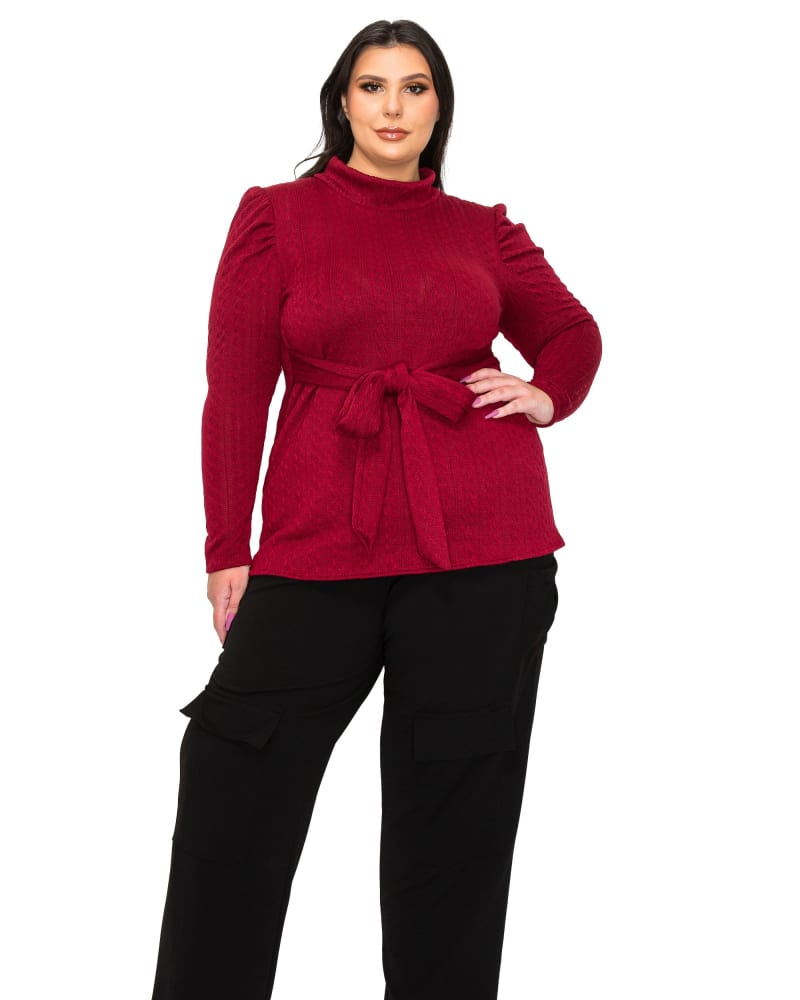 Front of a model wearing a size 1X Catriona Waist Tie Sweater in Burgundy by L I V D. | dia_product_style_image_id:324813
